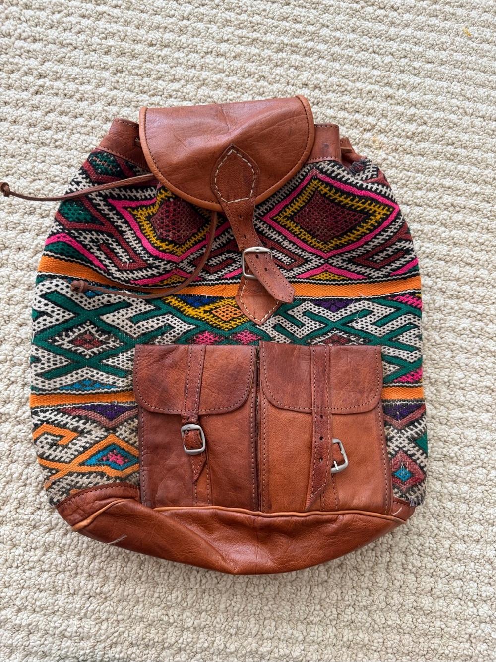 Multicolor Woven Canvas & Brown Leather Backpack - Rustic Boho